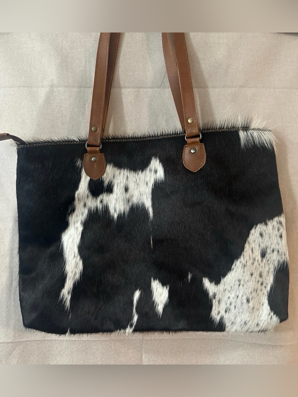 Black & White Cowhide Tote Bag with Brown Leather Straps